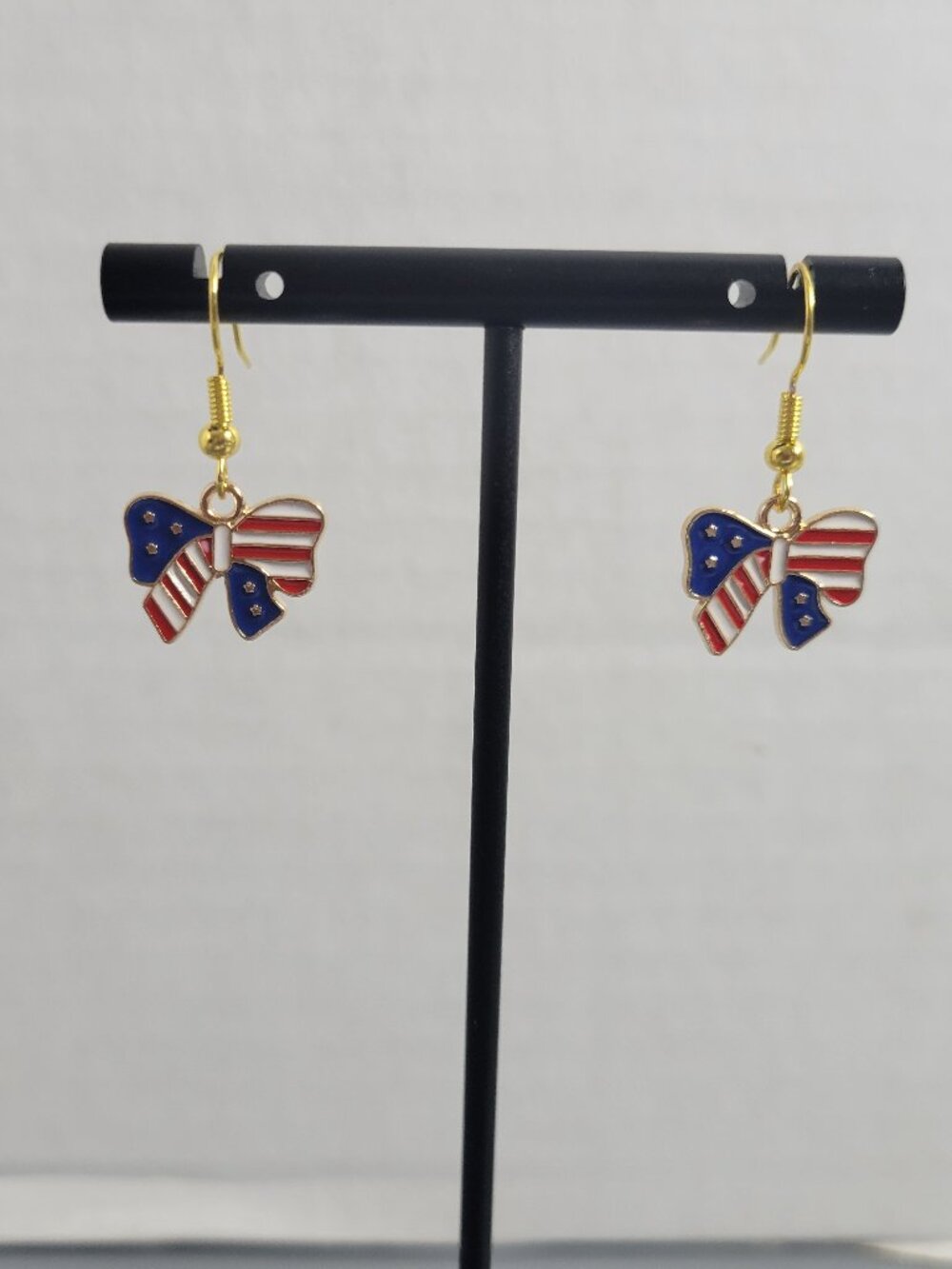Patriotic US Flag Bow Dangle Earrings Red White Blue 4th of July Jewelry E127E